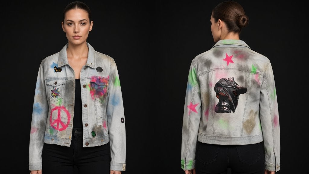Unique custom “Sneakerfreaks” punk denim jacket in size M, Maat 38/40 (M), Custom, Gedragen, Meerkleurig