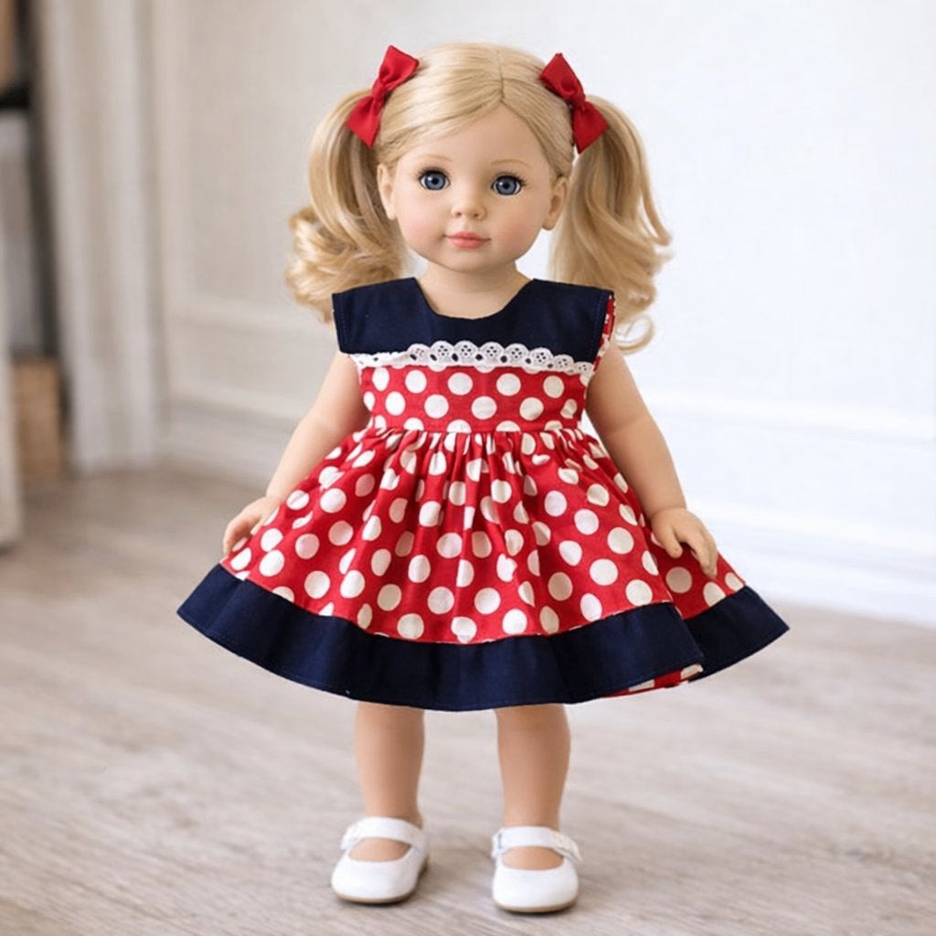 vintage Schattig rood-wit gestippeld poppenjurkje, 21 cm, Ophalen of Verzenden, Gebruikt, Kleertjes
