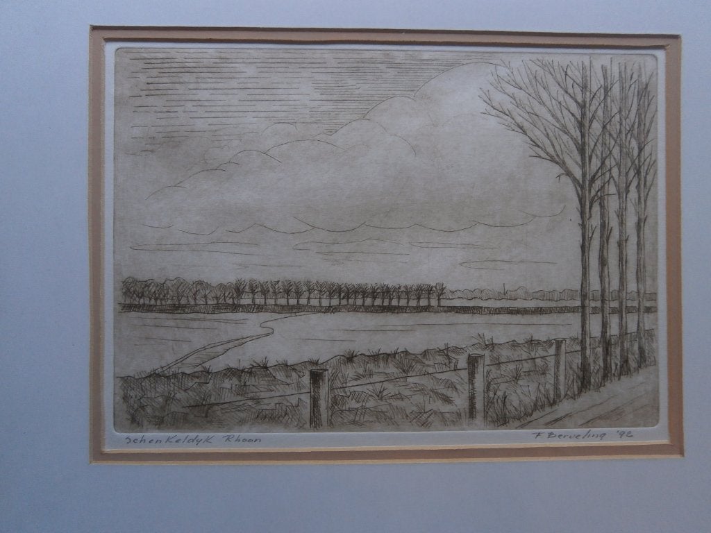 ETS, Rhoon, Schenkeldijk Iets gekl ets achter glasplaatje, Antiek en Kunst, Kunst | Etsen en Gravures, Ets, Ophalen of Verzenden