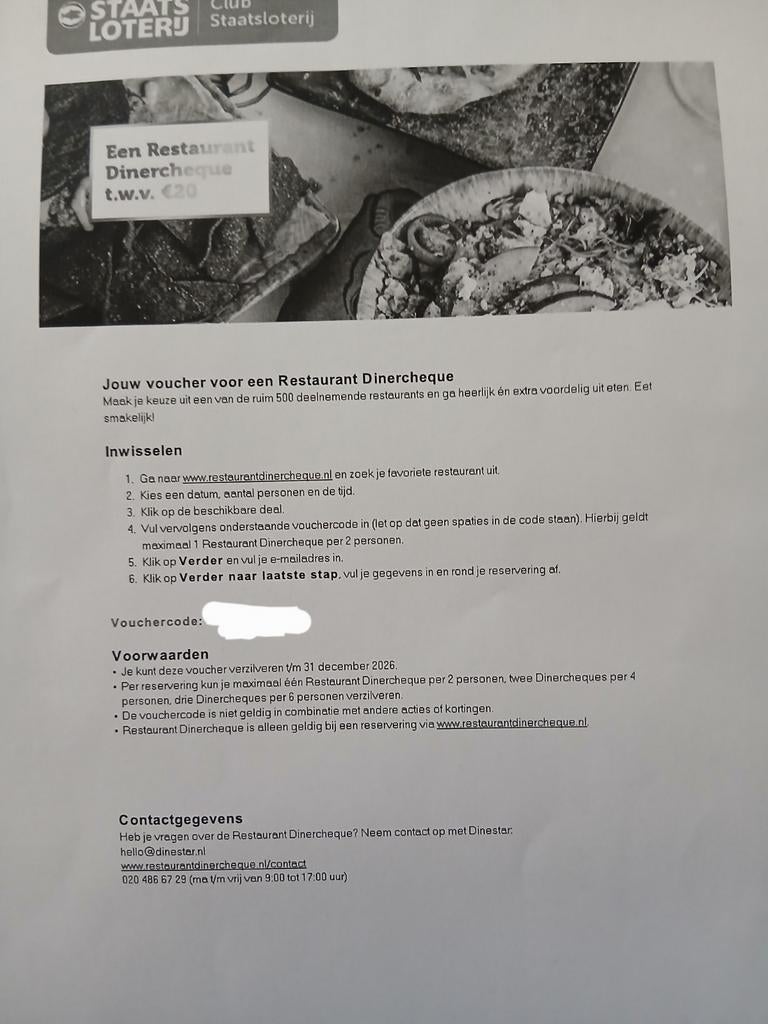 Restaurant dinercheque twv €20, Tickets en Kaartjes, Kortingen en Cadeaubonnen, Eén persoon, Cadeaubon