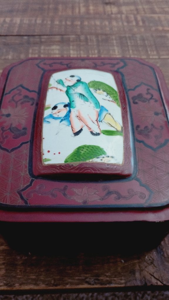 Antiek Chinese lunchbox geperst papier mache en keramiek, Antiek en Kunst, Ophalen of Verzenden