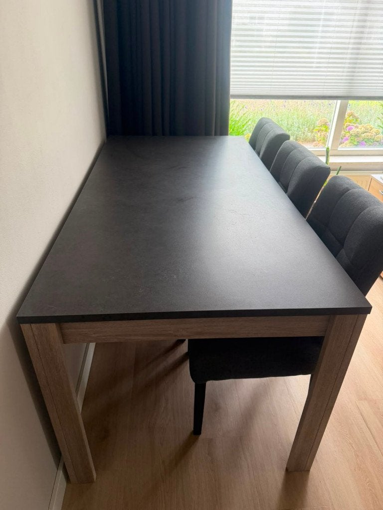 Eettafel en 6 stoelen, Ophalen, Gebruikt, Overige materialen, 50 tot 100 cm