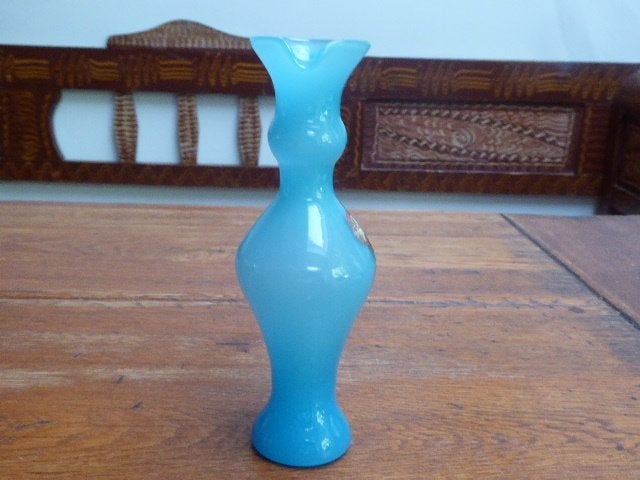 Vintage opaline vaasje – karafje in blauw, 18 cm., Ophalen of Verzenden