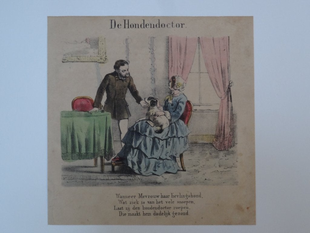 Kleuren gravure Hondendokter dierenarts, hond gezond 1900, Antiek en Kunst, Ophalen of Verzenden, Gravure, Origineel