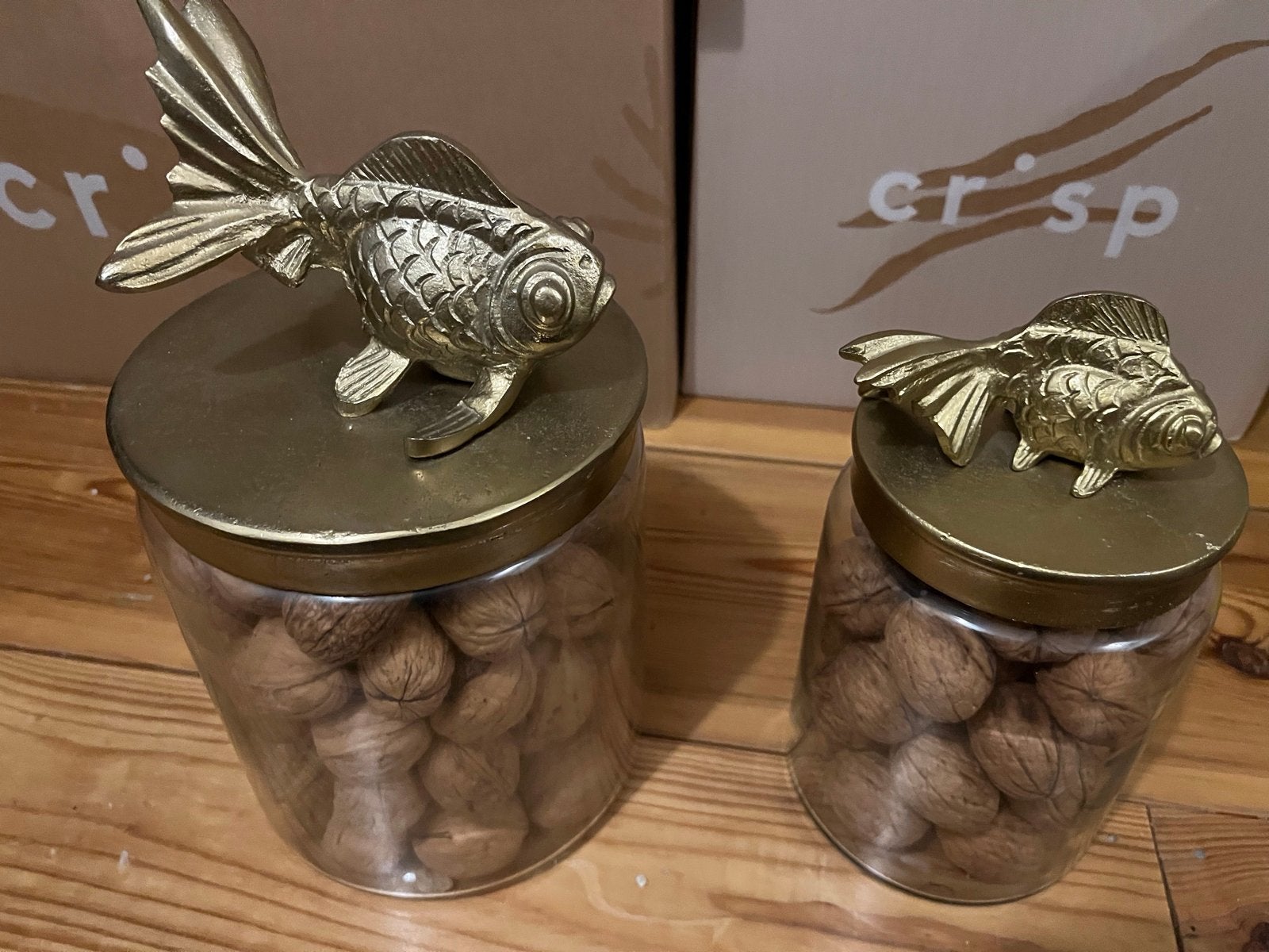 Comore potten met gouden/bronzen vissen deksel, Ophalen, Zo goed als nieuw, Goud