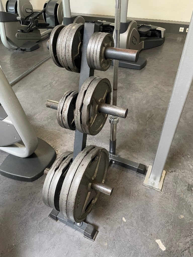 Barbell + schijven en rek, Ophalen, Gebruikt, Rug, Halterschijven