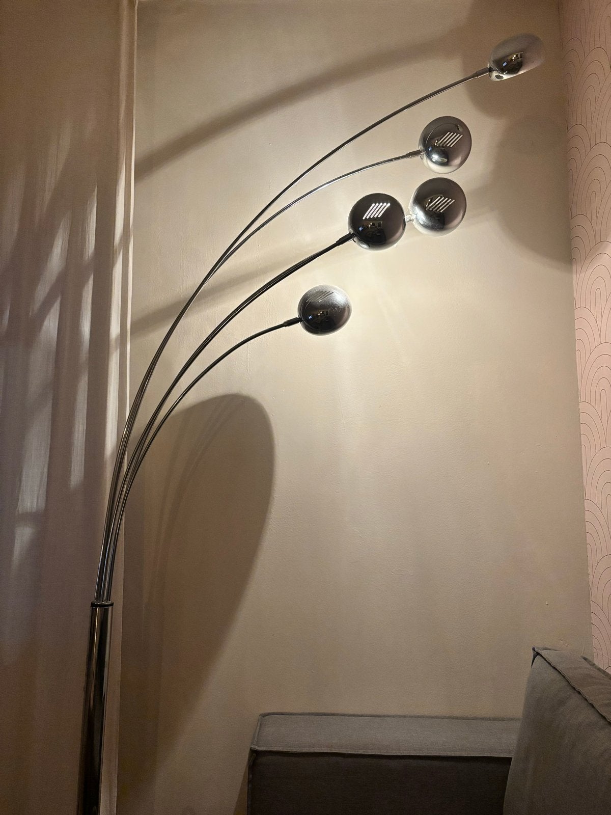 Booglamp met 5 bollen - Chroom/Zilver, mét dimmer, Ophalen, Gebruikt, E14 (klein), Metaal