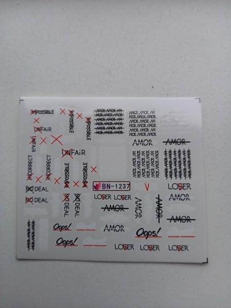 Velletje nagel water decals stickers BN-1237 teksten in zwar, Verzenden, Nieuw, Handen en Nagels, Toebehoren