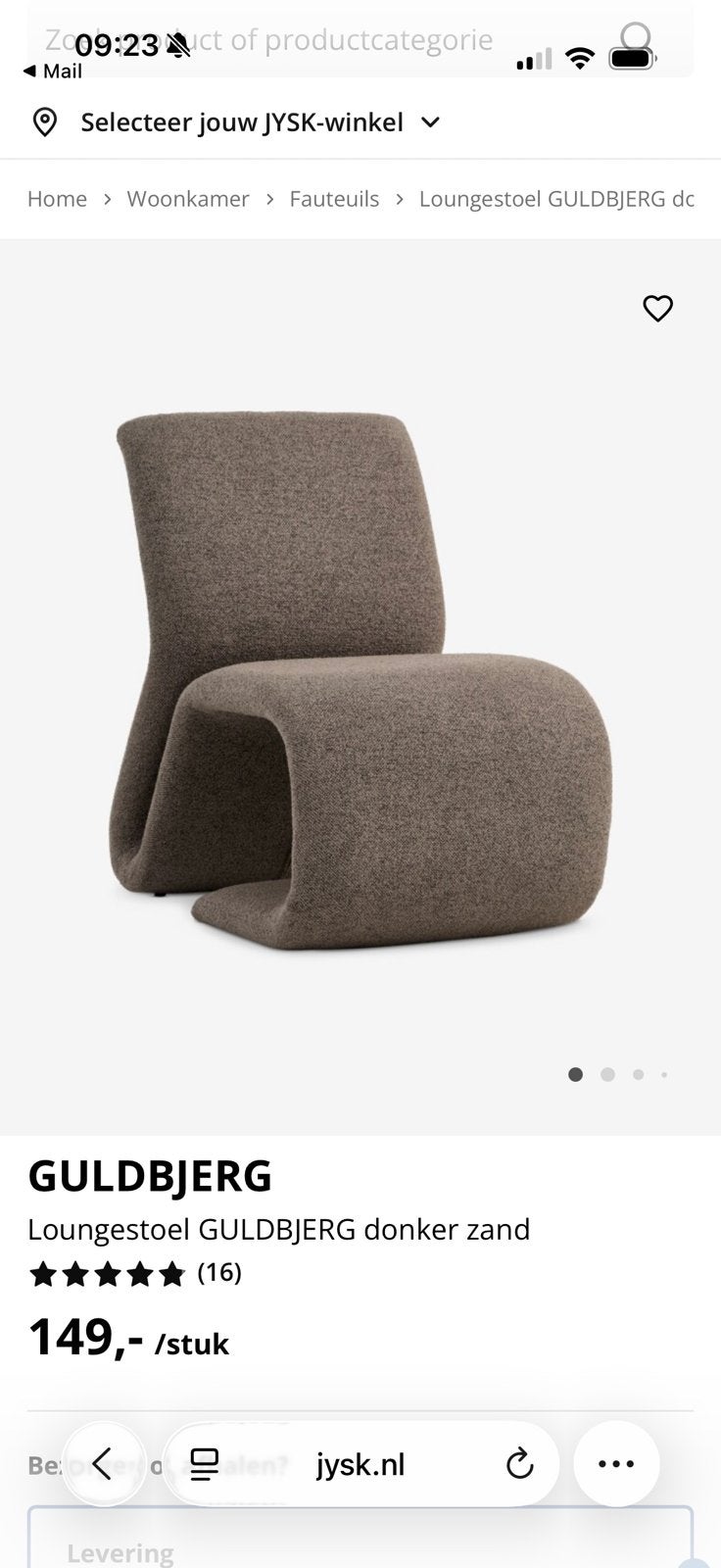Jysk Guldbjerg design stoel, Huis en Inrichting, Ophalen, Zo goed als nieuw, 75 tot 100 cm