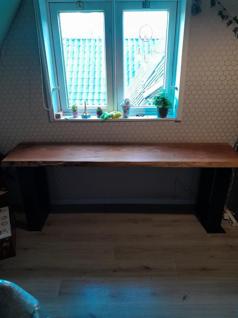 Uniek bureau met boomstam blad - 200x48cm, Overige typen, Gebruikt, Hout, Bruin
