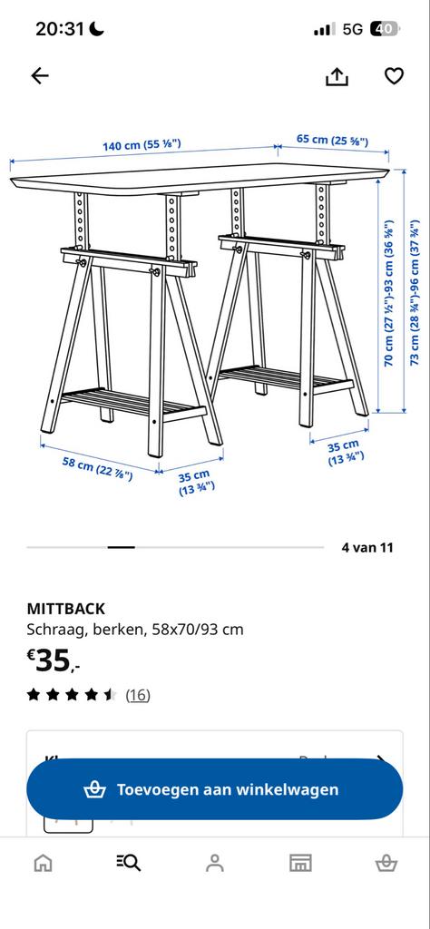 Mittback schagen wit, Huis en Inrichting, Tafelonderdelen, Ophalen, Gebruikt, Rechthoekig, 50 tot 100 cm