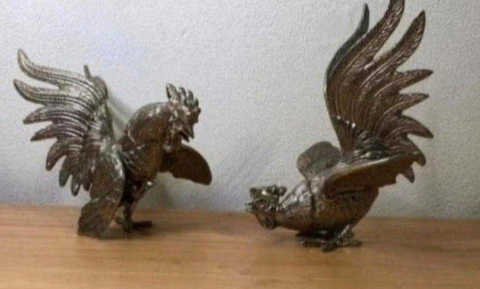 Set van 2 bronzen hanenbeelden - Decoratieve kunst, Zilver, Minder dan 20 cm, Art deco, Ophalen of Verzenden