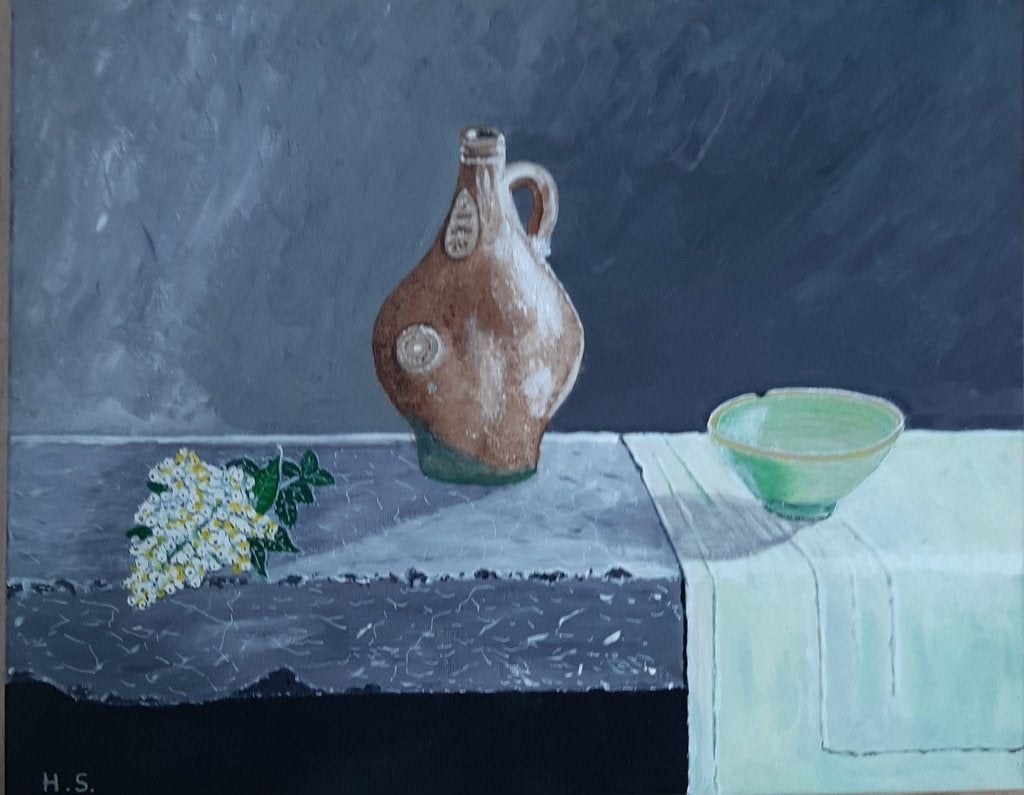 Stilleven met baartmankruikje en ligusterbloem, Antiek en Kunst, Kunst | Schilderijen | Klassiek, Ophalen of Verzenden