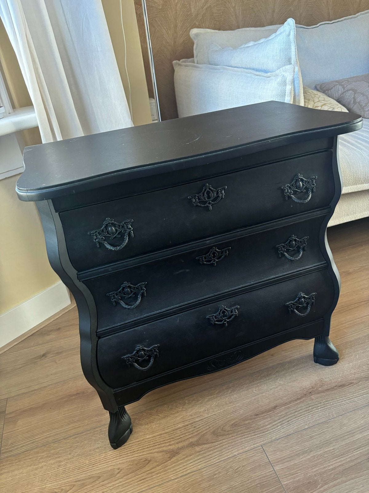 Zwarte Barok Commode Buikkastje met 3 Lades, Ophalen