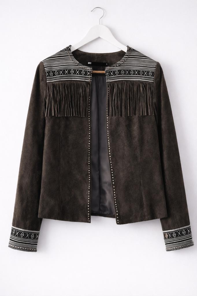 Nieuw! Suede Lederen Jas met Franjes - Maat M, Kleding | Dames, Jassen | Zomer, Maat 38/40 (M), WE, Zwart, Nieuw