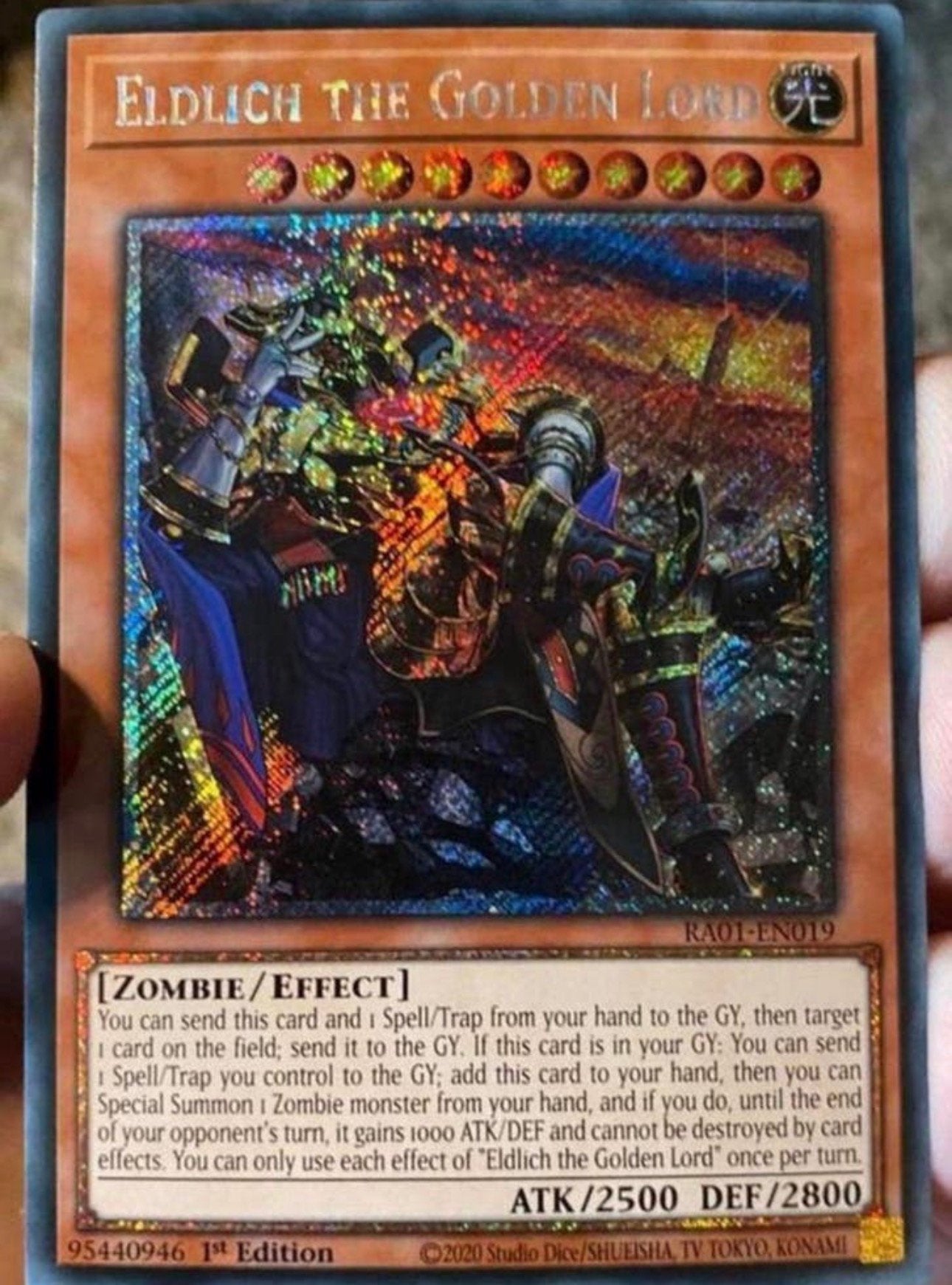 Yu-Gi-Oh! Eldlich the Golden Lord RA01 1st Edition !, Ophalen of Verzenden, Zo goed als nieuw, Losse kaart, Foil