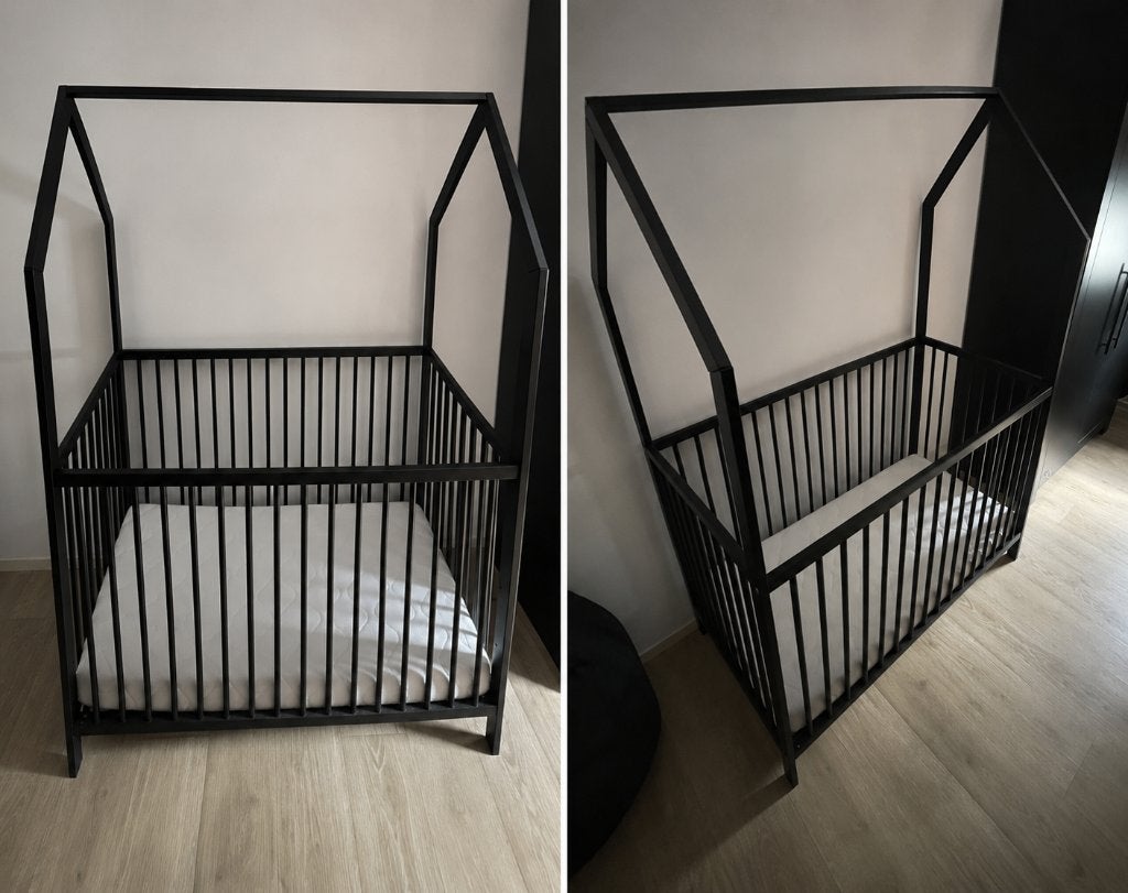 Baby ledikantje zwart hout met dakje, Lattenbodem, Gebruikt, Verzenden, Minder dan 140 cm