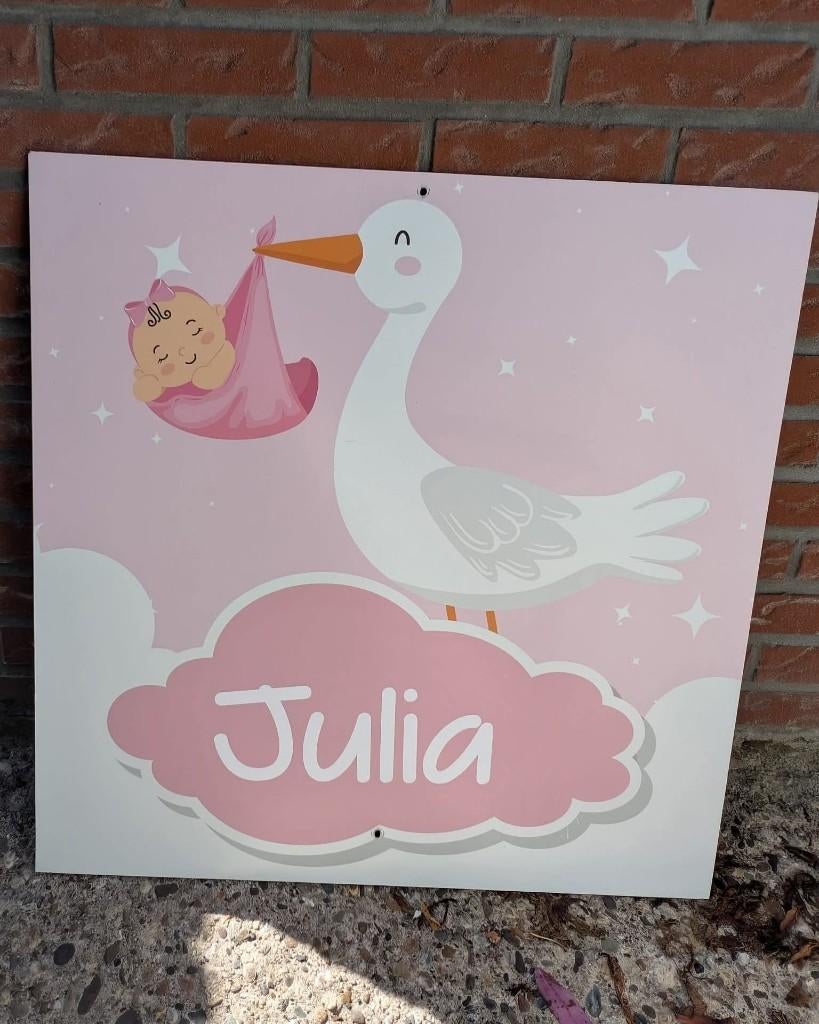 Geboortebord Klein Vierkant Ooievaar Roze, Kinderen en Baby's, Kraamcadeaus en Geboorteborden, Ophalen, Gebruikt, Geboortebord