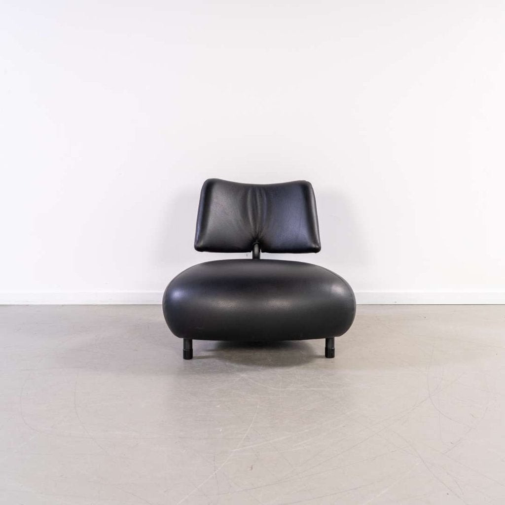 1x Leolux Pallone Fauteuil + Hocker Zwart Leer – Zwart Frame, Niet ingevuld, Niet ingevuld, 75 tot 100 cm, Ophalen of Verzenden