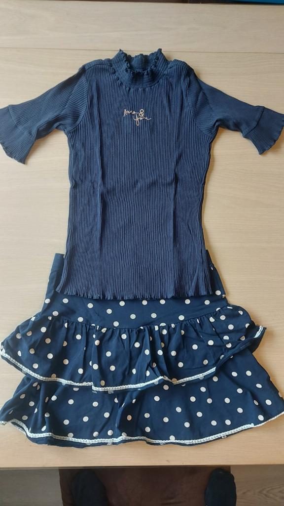 Leuk setje: Donkerblauw geribd shirt en rokje met stippen  v, Ophalen of Verzenden, Gebruikt, Meisje, Setje