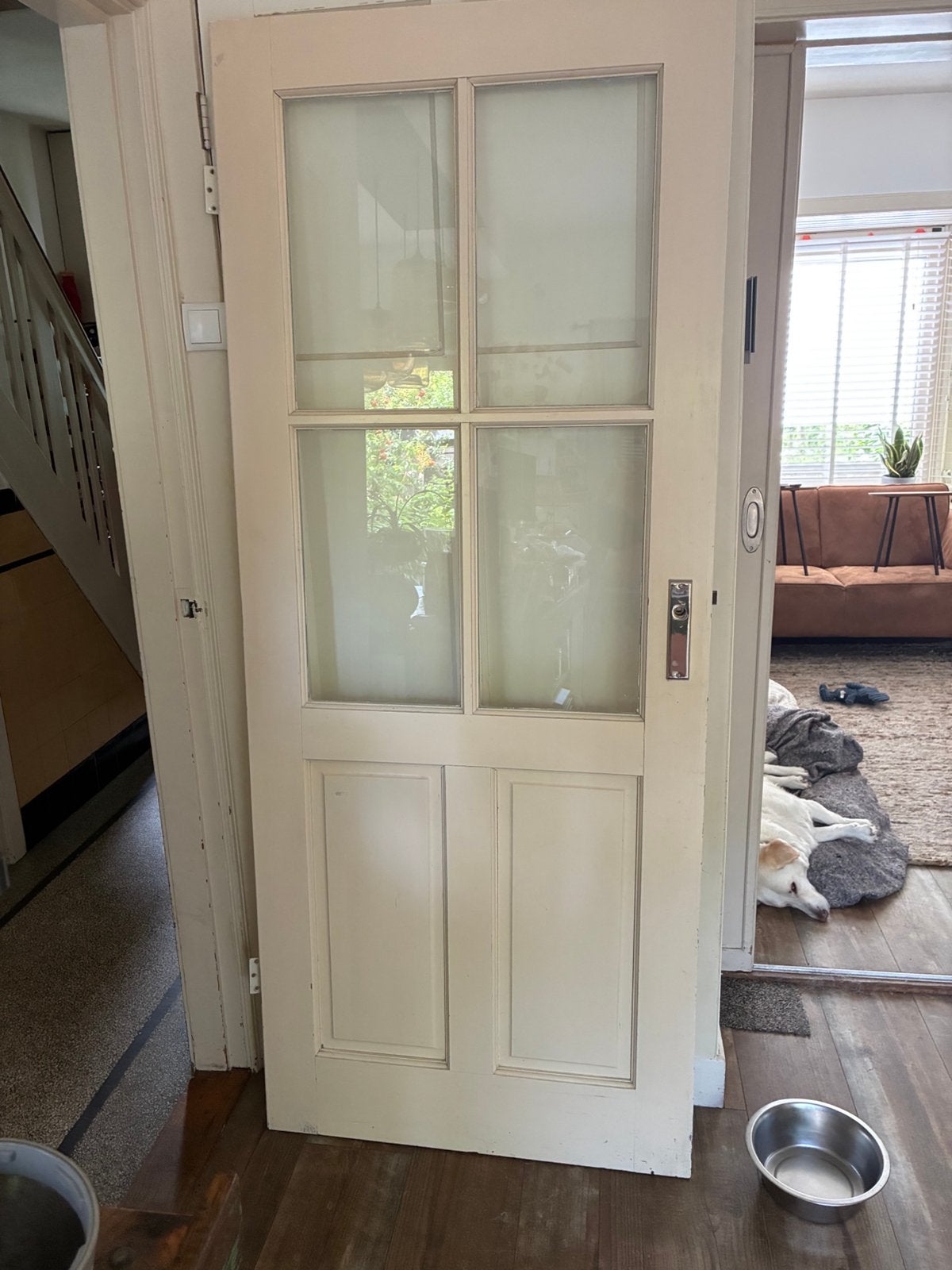 Linksdraaiende stompe paneeldeur met glas, wit, 82,5x201x4cm, Doe-het-zelf en Verbouw, Deuren en Horren, Ophalen, Gebruikt, 80 tot 100 cm