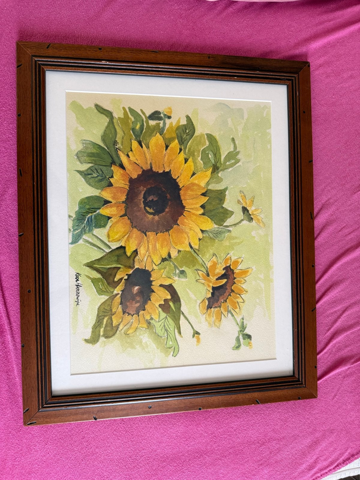 Schilderij Zonnebloemen - Koos Harrewijn - Ingelijst, Bloemen, Realistisch, Ophalen of Verzenden, Gesigneerd