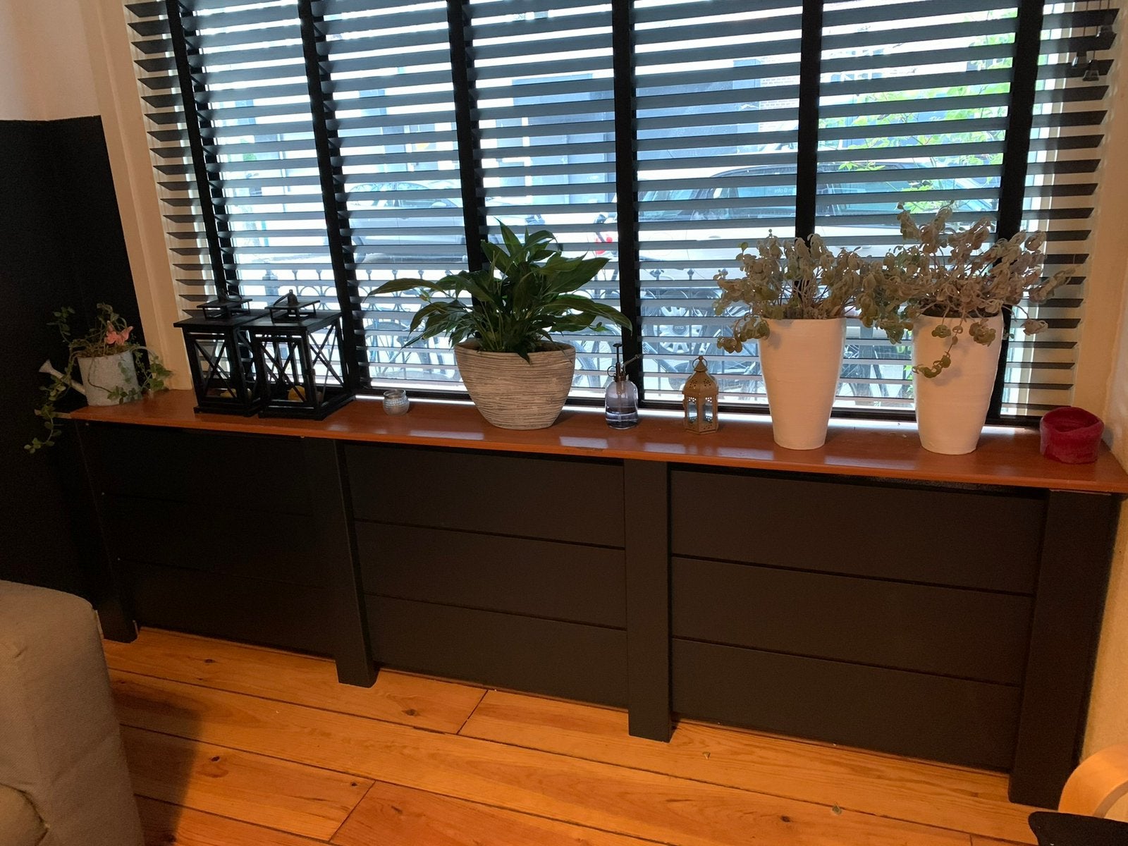 Zwarte houten lamellen luxaflex - 222x190 cm, Ophalen, Gebruikt, Zwart, 200 cm of meer
