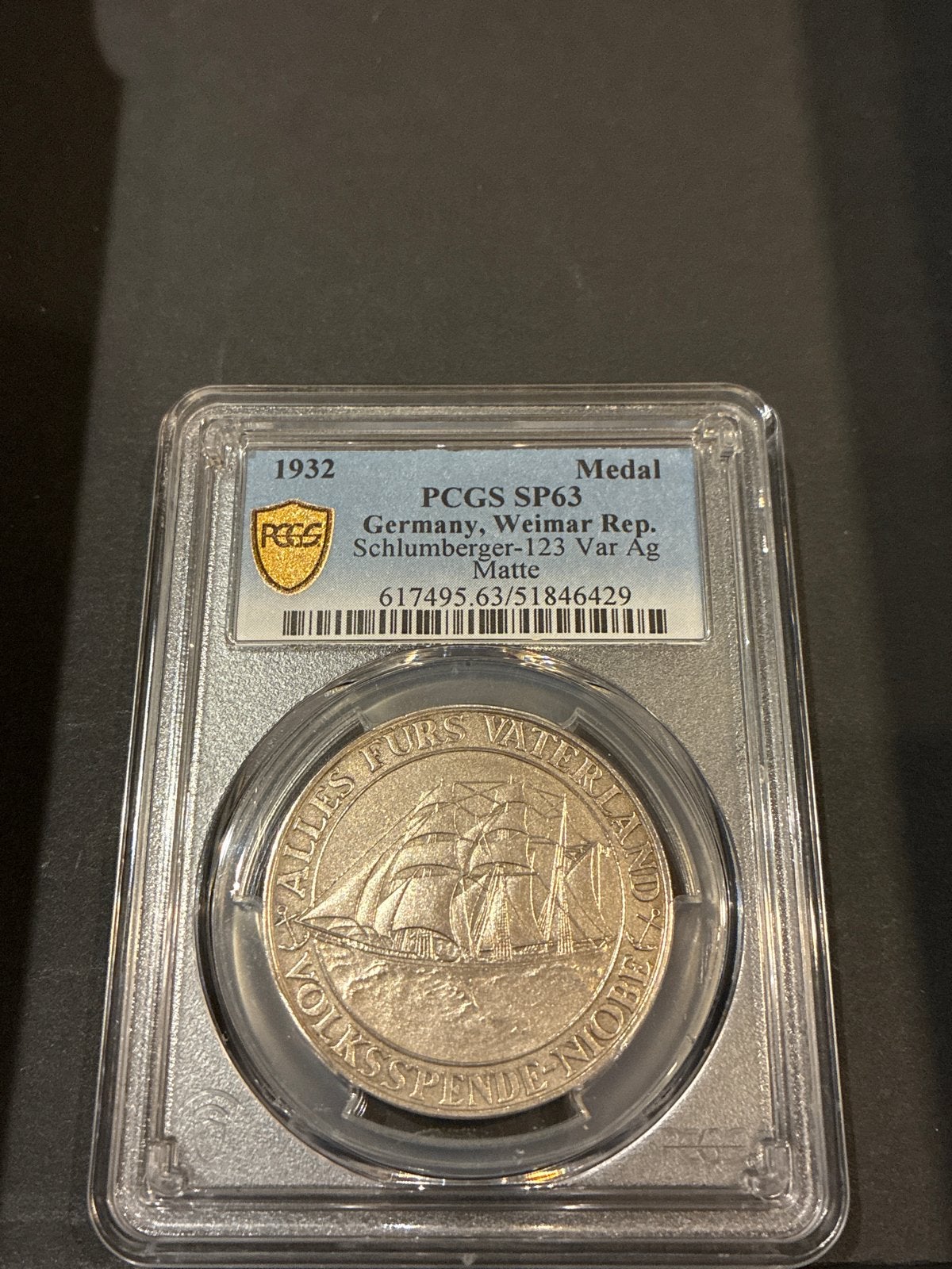 1932 Duitsland Weimar Republiek Medaille PCGS SP63, Ophalen of Verzenden, Zilver, Buitenland