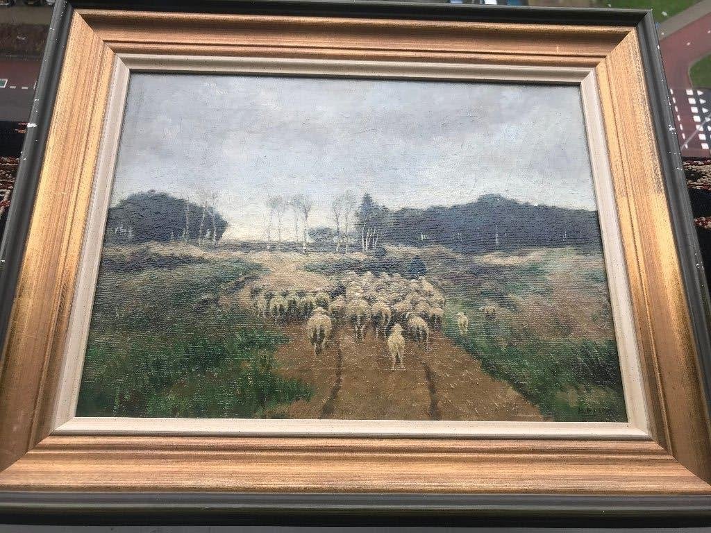 olieverf linnen landschap schaapsherder met kudde, Antiek en Kunst, Doek, Ophalen of Verzenden, Landschap, Olieverf