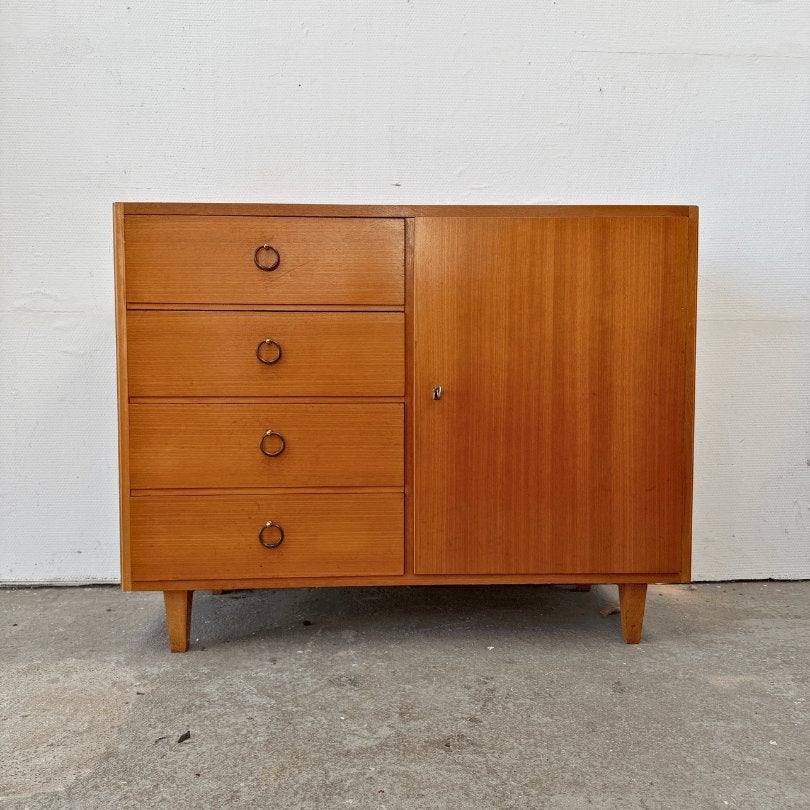 vintage dressoir hout - 100cm, 4 lades en 1 afsluitbaar vak, Huis en Inrichting, Ophalen, Gebruikt, Vintage, midcentury, Onbekend