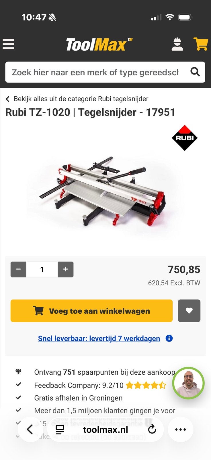 Rubi TZ 1020 tegelsnijder, Ophalen of Verzenden, Zo goed als nieuw, 10 m² of meer, Vloertegels