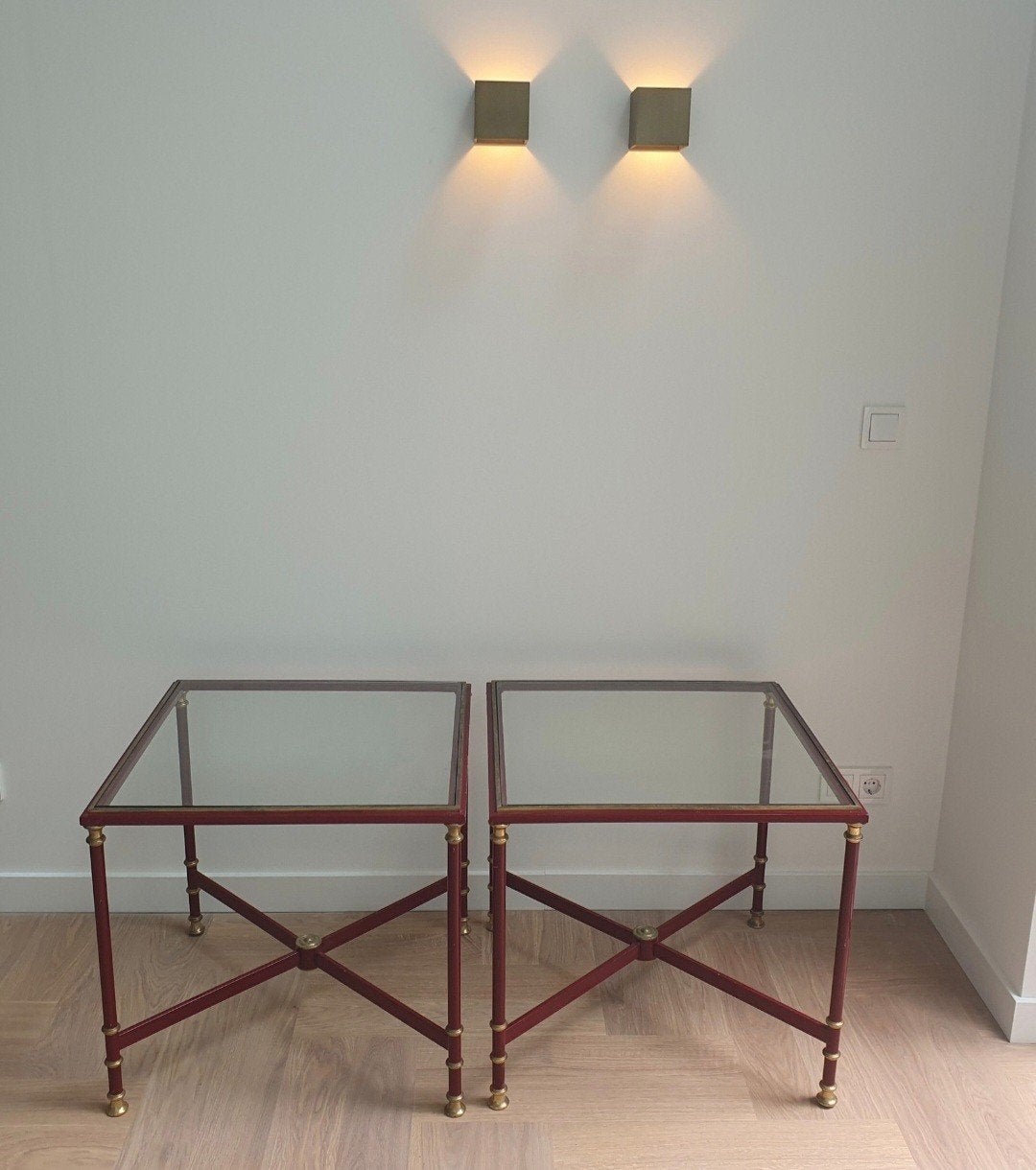 Vintage Maison Janssen Hollywood regency design bijzettafels, Ophalen, Rechthoekig, Glas, 50 tot 100 cm