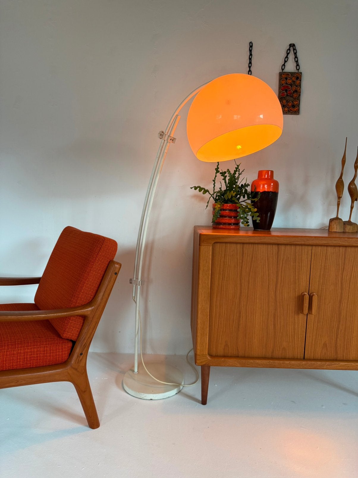 Vintage verstelbare booglamp, Solken Leuchten ‘70, Solken Leuchten, Vintage retro buisframe design rotan webbing papercord deens