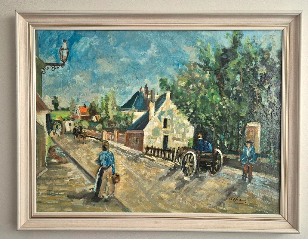 Olieverf schilderij, dorpsstraatgezicht met paard en wagen, Antiek en Kunst, Kunst | Schilderijen | Klassiek, Ophalen, Doek, Impressionistisch