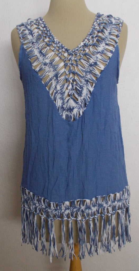 Ibiza/hippie/boho look blauw/witte top! 40, Maat 38/40 (M), Zo goed als nieuw, Zonder mouw, Verzenden