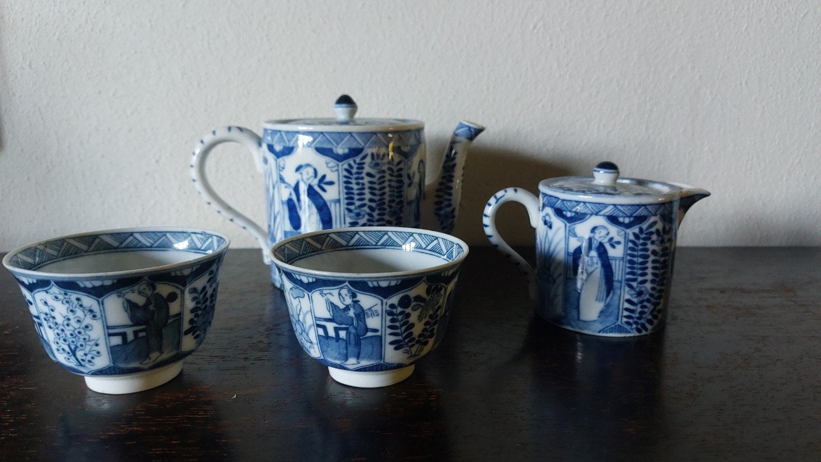 Antieke theepot en kopjes set, blauw-wit porselein, Antiek en Kunst, Ophalen of Verzenden