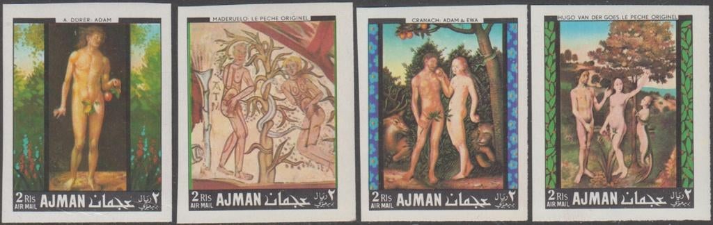 Schilderijen Ajman, Michel 281/284 Adam en Eva ongetand, Ophalen of Verzenden, Postfris, Overige thema's