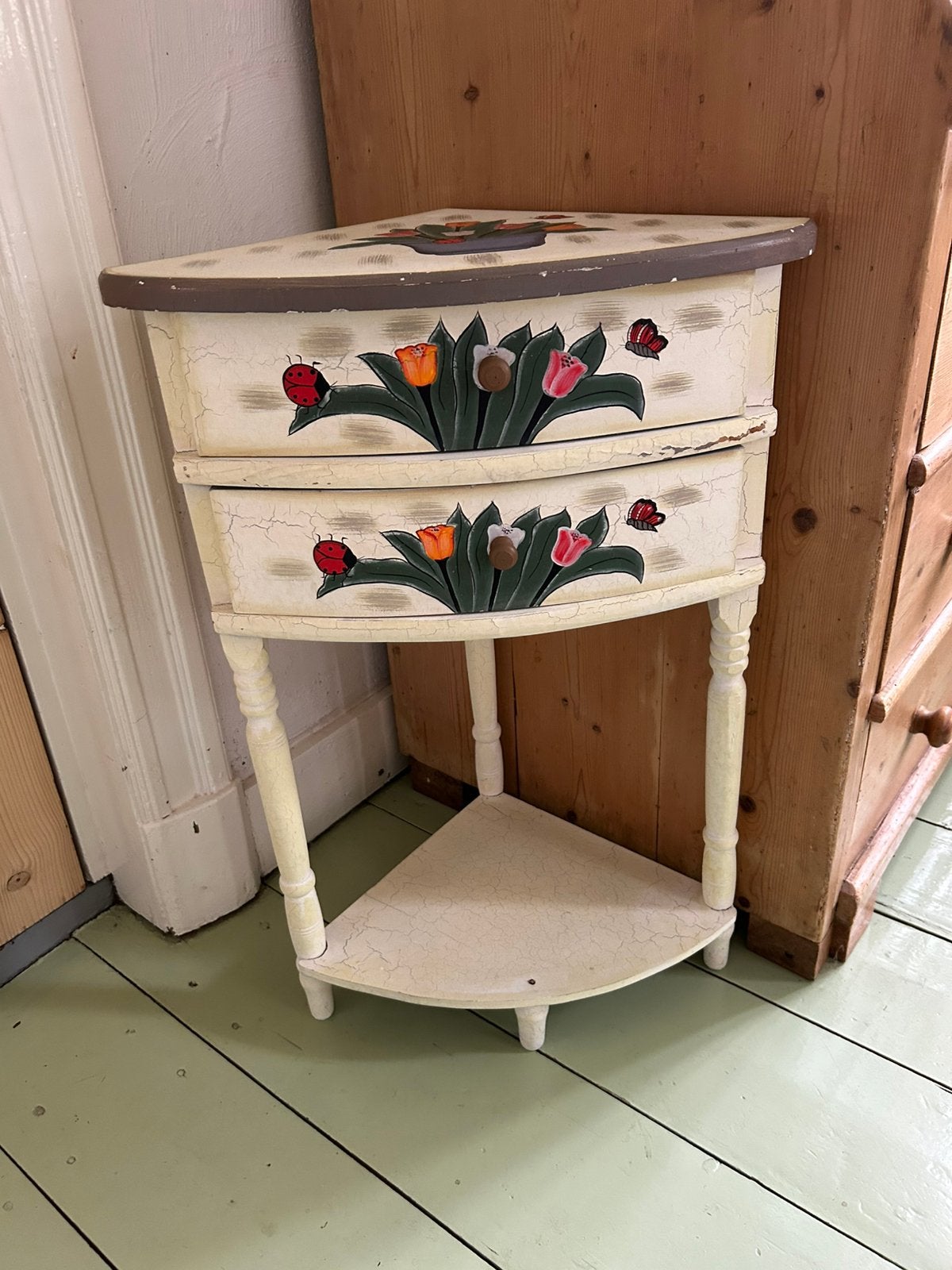 Hoektafeltje bedtafel nachtkastje, Ophalen, Frans brocante, 1 of 2 laden, 50 tot 100 cm