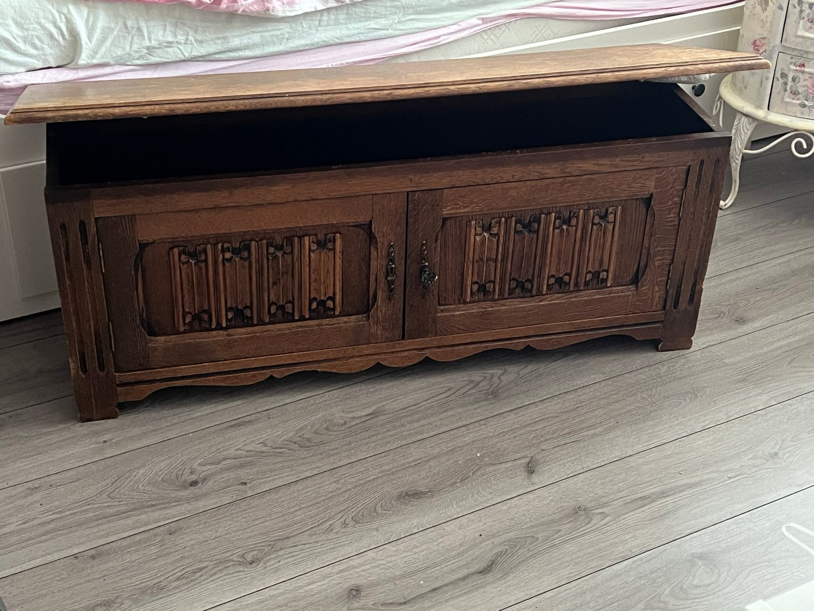 Antieke houten kistbank met opbergruimte, Ophalen