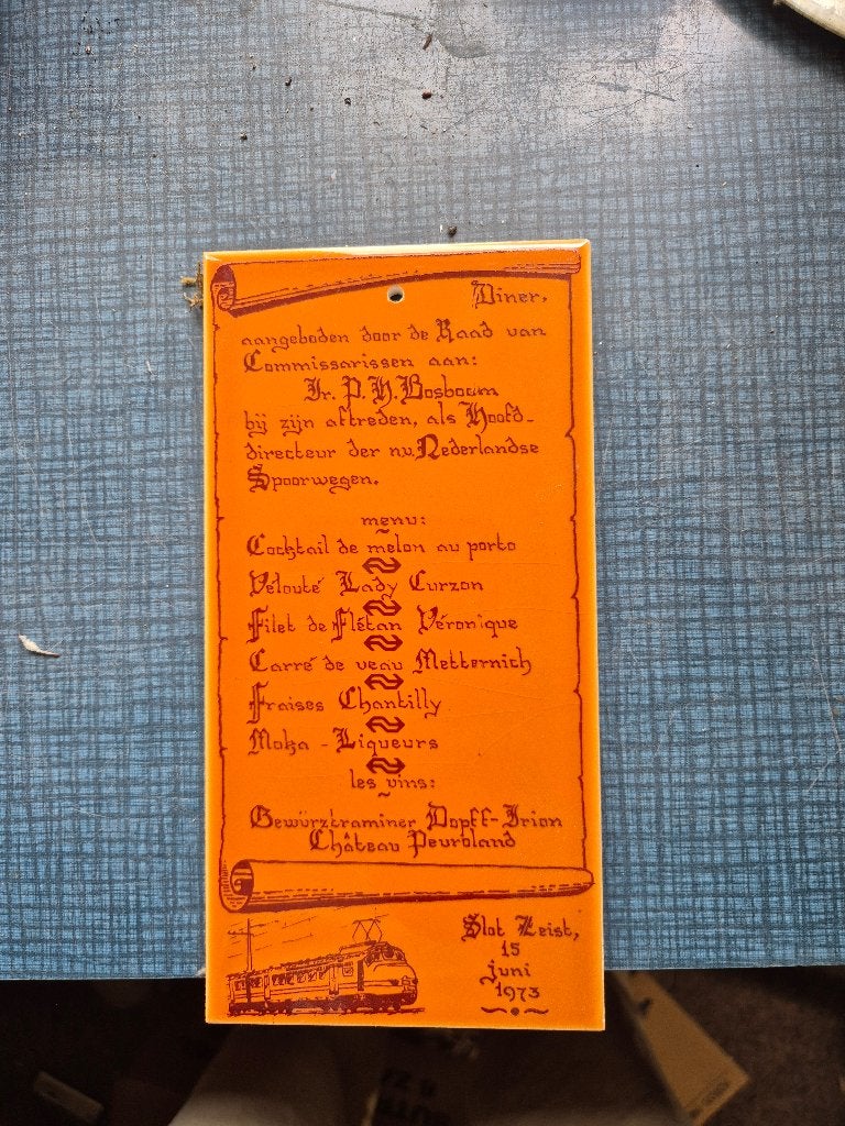 Unieke NS Spoorwegen herdenkingstegel/menu, Verzamelen, Ophalen of Verzenden, Nieuw, Trein, Overige typen