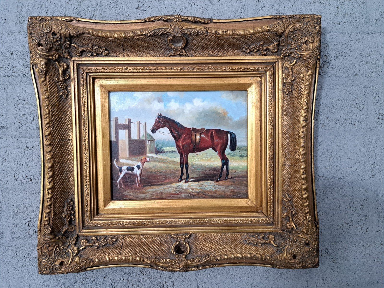Antiek Schilderij: Paard en Hond in Landschap, 49x44 cm, Ophalen of Verzenden