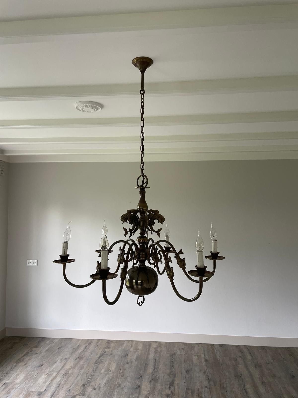 Antieke Kroonluchter met 6 Lichtpunten, Ophalen, Gebruikt, Metaal, E14 (klein)