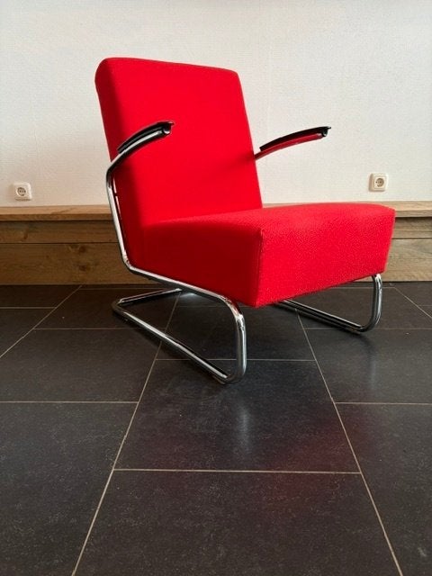 Gispen 405 fauteuil, chroom, Hallingdal , heder rood, Huis en Inrichting, Design, 75 tot 100 cm, Zo goed als nieuw, Stof