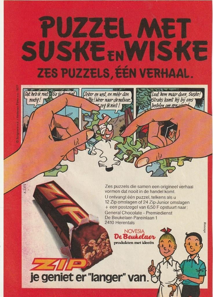 Retro reclame 1977 Zip chocola Suske Wiske puzzel, Verzamelen, Verzenden, Overige typen