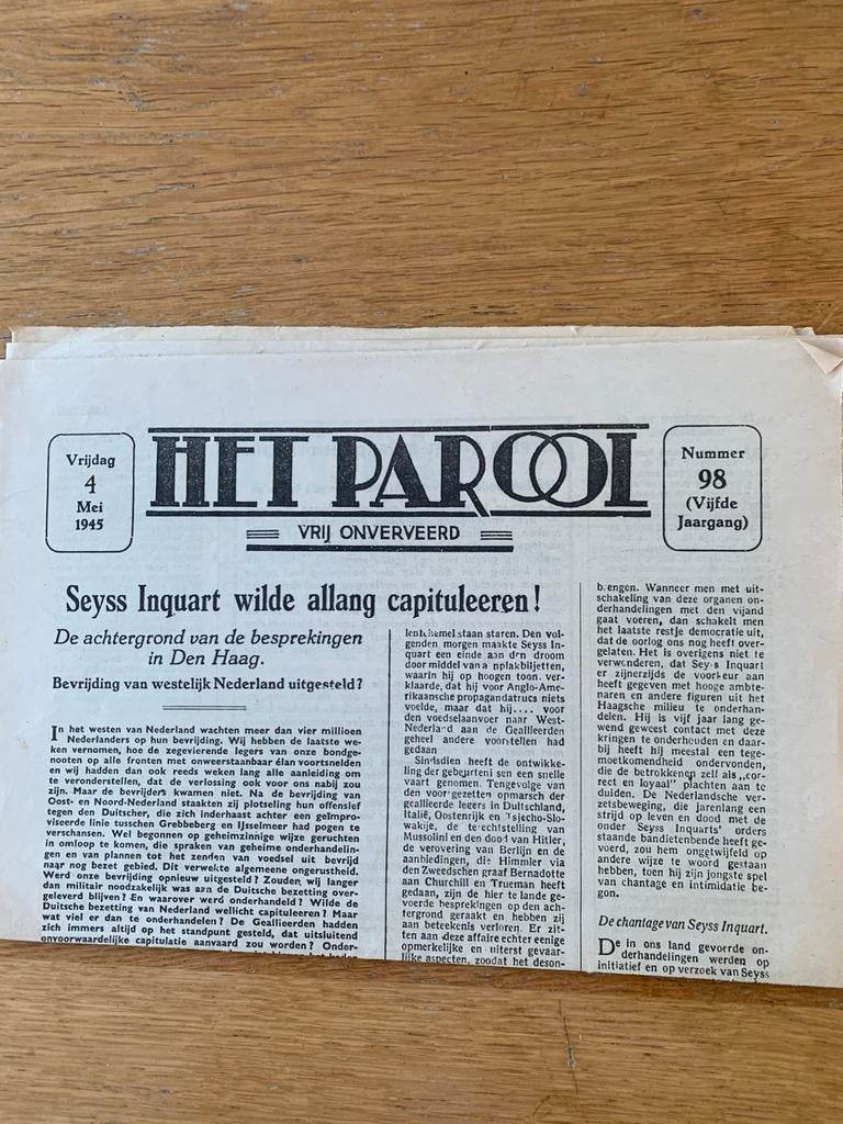 Het Parool van 4 mei 1945. Originele uitgave, Verzamelen, Tijdschriften, Kranten en Knipsels, Ophalen of Verzenden, 1940 tot 1960