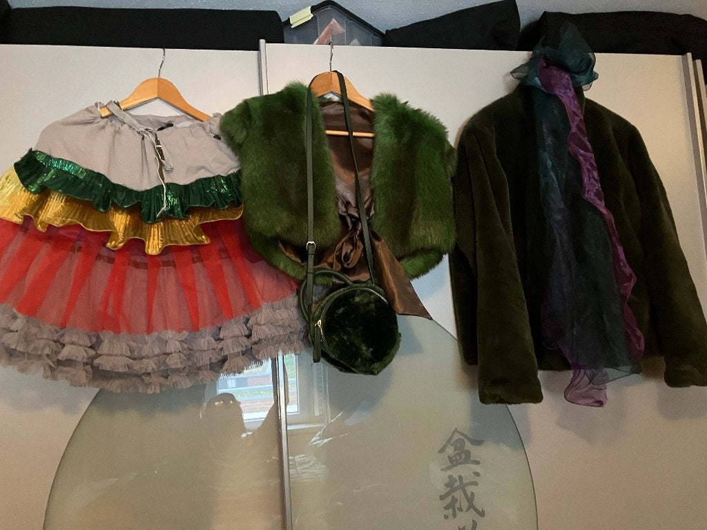 leuk rood/geel/groen carnavalspakje met 2 bontjasjes 42/44, Kleding | Dames, Ophalen, Carnaval, Maat 42/44 (L), Zo goed als nieuw