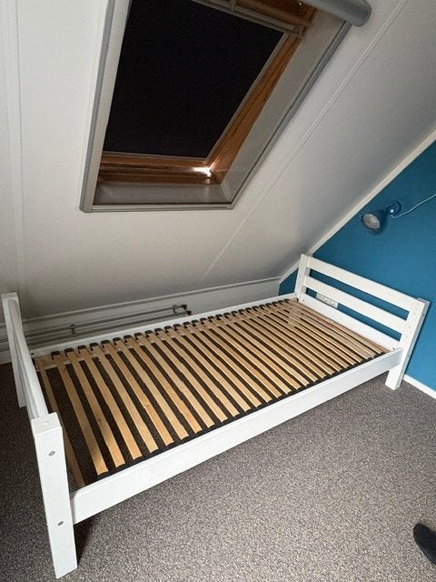 1 persoons bed met lattenbodem, Ophalen, Gebruikt, 90 cm, Eenpersoons