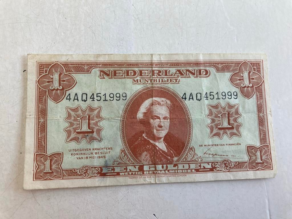 1 Gulden bankbiljet uit het jaar 1945., Ophalen of Verzenden, 1 gulden, Los biljet