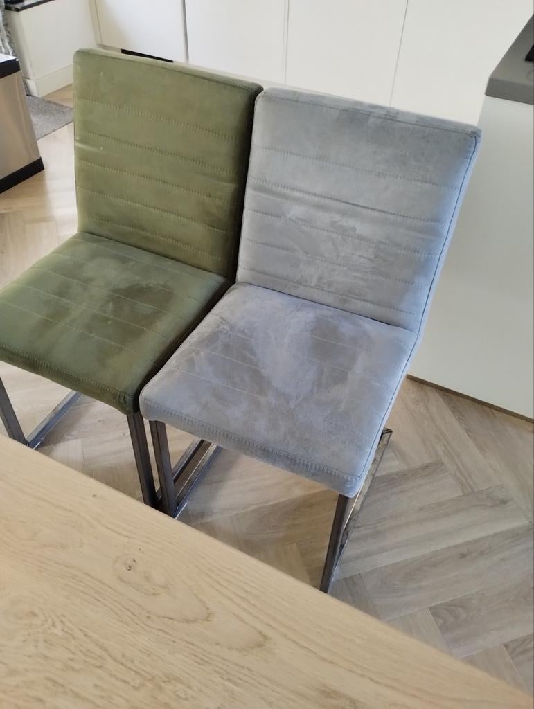 Set van 6 moderne eetkamerstoelen - groen en grijs, Gebruikt, Overige kleuren, Stof, Vijf, Zes of meer stoelen