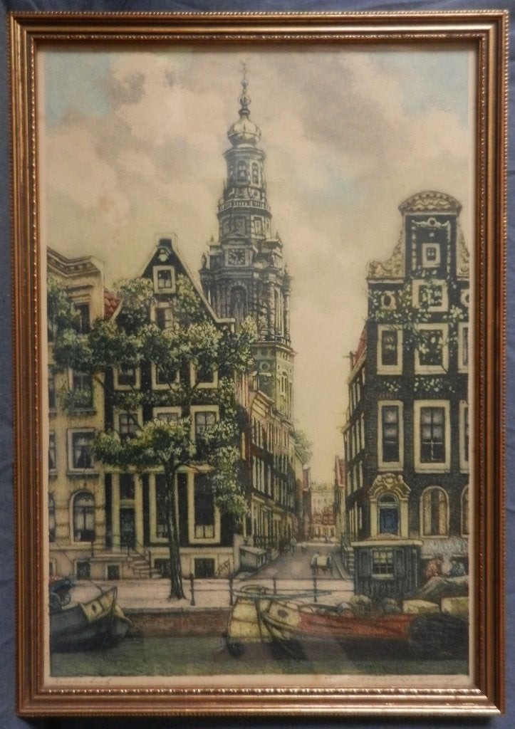 Kleurenets Zuiderkerk Amsterdam Corn. Brandenburg 38x25,5, Antiek en Kunst, 26 cm, Ets, Stadsgezicht, Ophalen of Verzenden